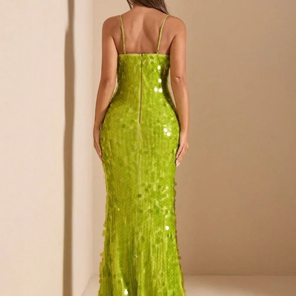Green Party Women's Deep V-Neck Hollow Lace-Up Slim Fit Luxury Sequin Dress